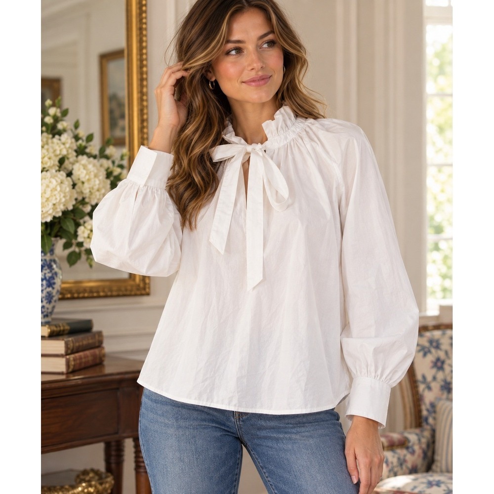 LOFT Womens Ruffle Tie Neck Blouse Whisper White Preppy Romantic Medium NWT
